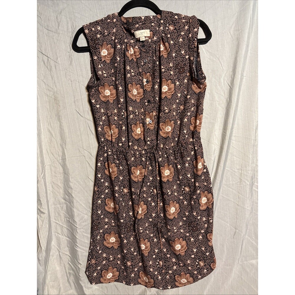 Loft Dress Size S Brown Navy Floral Dress feminine Modest Classy Summer Church